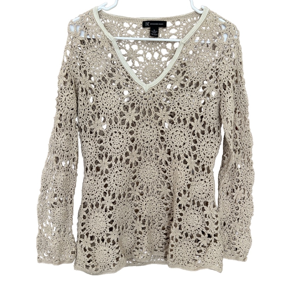 INC International Concepts Beige Crocheted Sweater Size Med